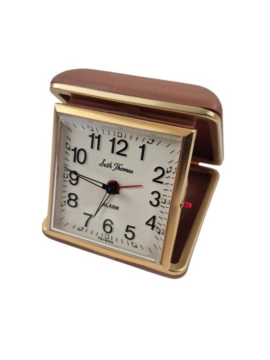 Seth Thomas Other - Seth Thomas Travel Alarm Clock Tan Clamshell Case Gold Trim Testes Working